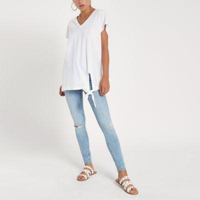 River Island Womens White V Neck Tie Side T-shirt