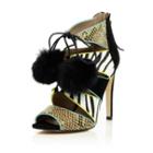 River Island Womens Leather Caged Pom Pom Heeled Sandals