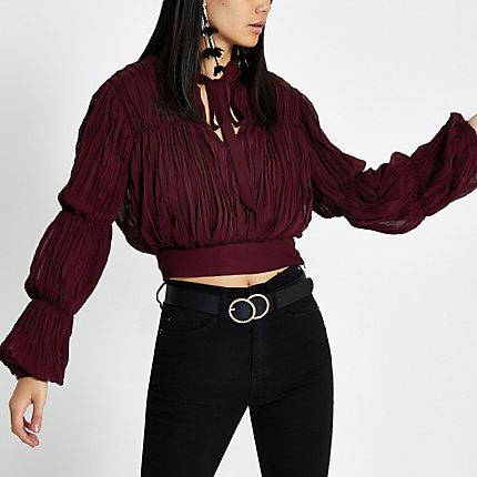 River Island Womens Pleated Puff Sleeve Crop Top