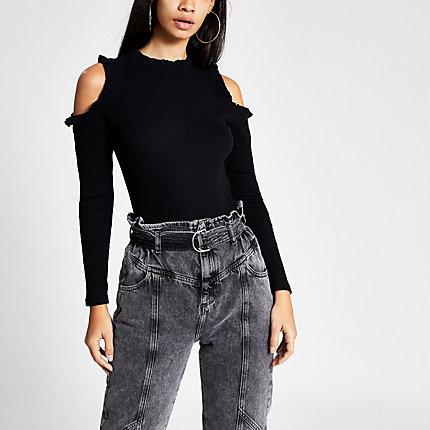 River Island Womens Long Sleeve Cold Shoulder Frill Top