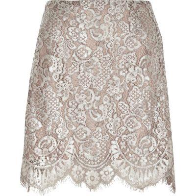River Island Womens Silver Metallic Lace Mini Skirt