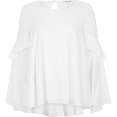 River Island Womens White Mesh Insert Frill Bell Sleeve Top