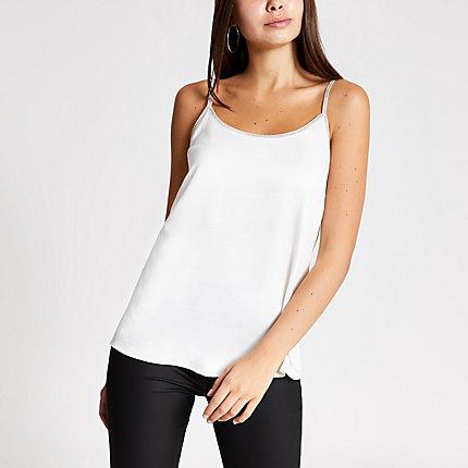 River Island Womens White Satin Diamante Trim Cami Top