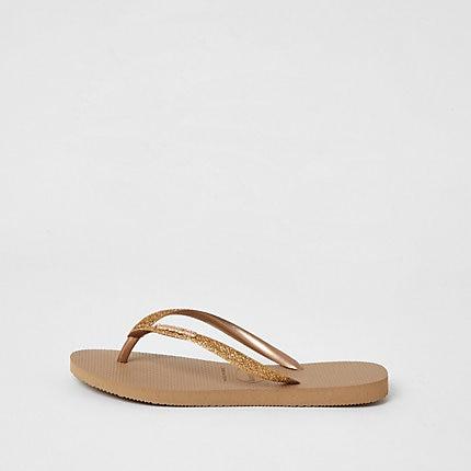 River Island Womens Havianas Gold Glitter Slim Flip Flops
