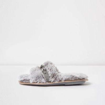 River Island Womens Fluffy Diamante Trim Slider Slippers