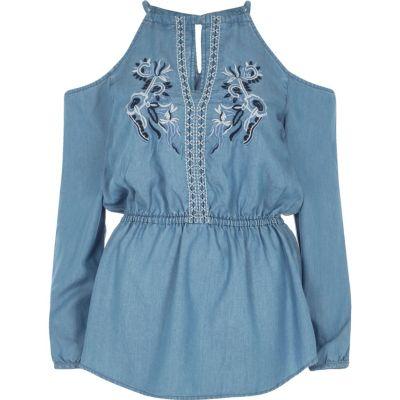 River Island Womens Denim Embroidered Cold Shoulder Top
