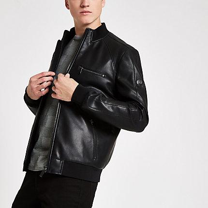 River Island Mens Perforated Faux Leather Bomber Jacket