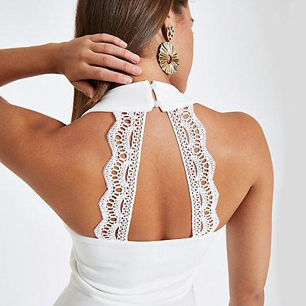 River Island Womens White V Neck Lace Back Peplum Hem Top