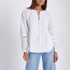 River Island Womens White Tie Lace Trim Long Sleeve Top