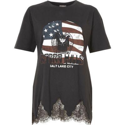 River Island Womens Lace Hem Print T-shirt