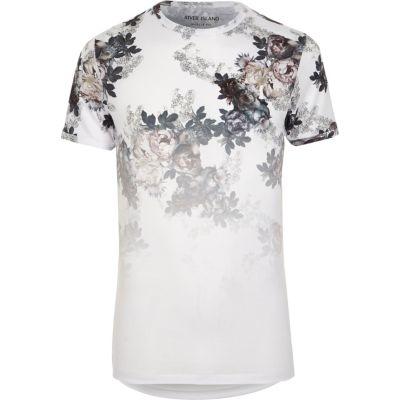River Island Mens White Floral Fade Print Muscle Fit T-shirt