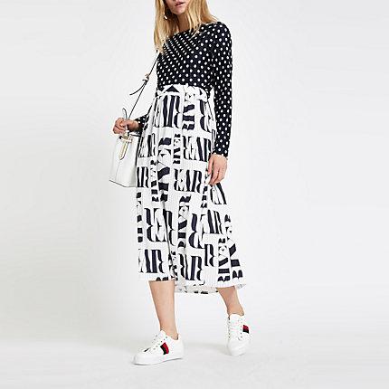 River Island Womens White Satin Ri Print Pleated Midi Skirt