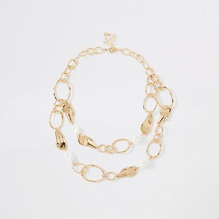 River Island Womens Gold Colour Pearl Organic Layered Necklace