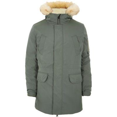 River Island Mens Sage Faux Fur Trim Hooded Parka