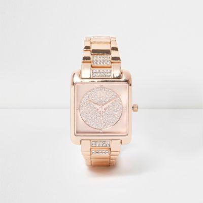 River Island Womens Rose Gold Tone Square Diamante Watch