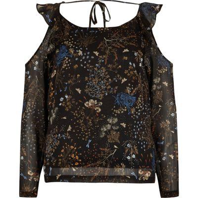 River Island Womens Print Frill Cold Shoulder Top