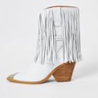 River Island Womens White Leather Fringe Western Boots
