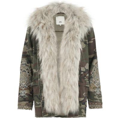 River Island Womens Camo Fur Trim Embellished Army Jacket