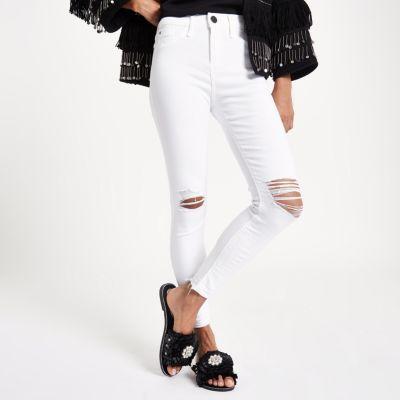 River Island Womens Petite White Ripped Molly Skinny Jeggings