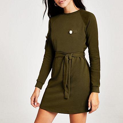 River Island Womens Tie Waist Utility Sweatshirt Dress