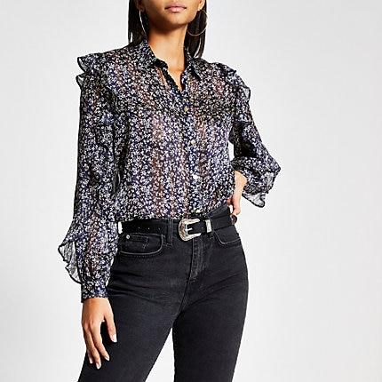 River Island Womens Floral Frill Long Sleeve Sheer Shirt