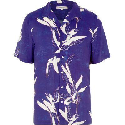 River Island Mens Leaf Print Revere Short Sleeve Shirt
