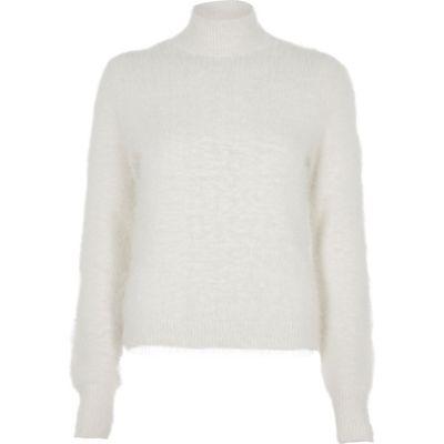 River Island Womens White Fluffy Knit High Neck Jumper