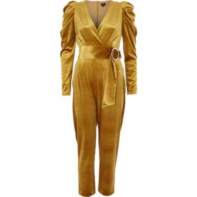 River Island Womens Velvet Puff Sleeve Belted Jumpsuit