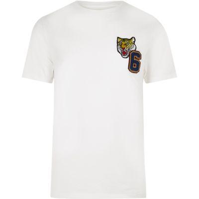 River Island Mens White Tiger Badge T-shirt