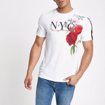 River Island Mens White Floral Slim Fit Tape T-shirt