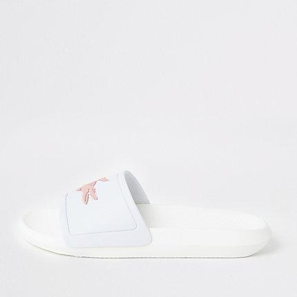 River Island Womens Lacoste White Croco Sliders