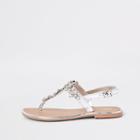 River Island Womens Silver Leather Jewel Embellished Flat Sandals