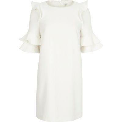 River Island Womens White Pearl Neck Frill Sleeve Swing Dress