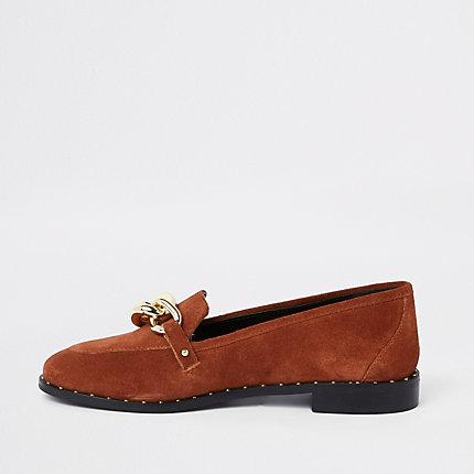 River Island Womens Leather Gold Tone Chain Loafers