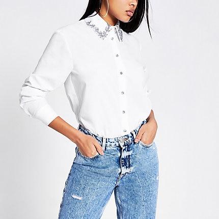 River Island Womens White Diamante Collar Long Sleeve Shirt