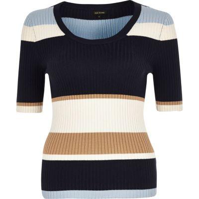 River Island Womens Stripe Knit Ribbed Scoop Neck Top
