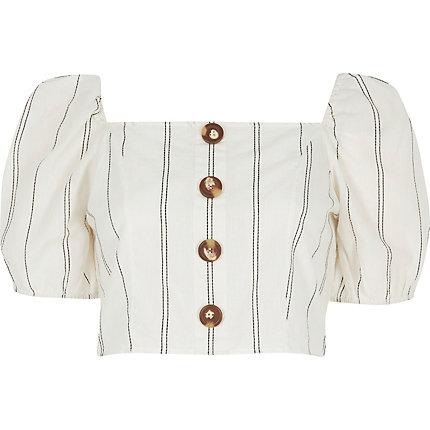 River Island Womens Petite White Stripe Puff Sleeve Top