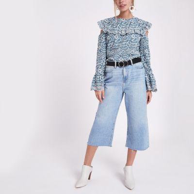 River Island Womens Petite Broderie Frill Cold Shoulder Top
