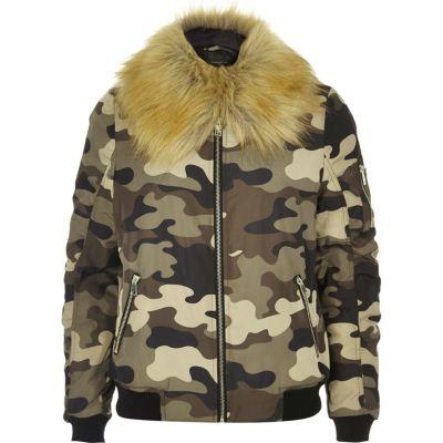 River Island Womens Camo Bomber Jacket With Faux Fur Trim