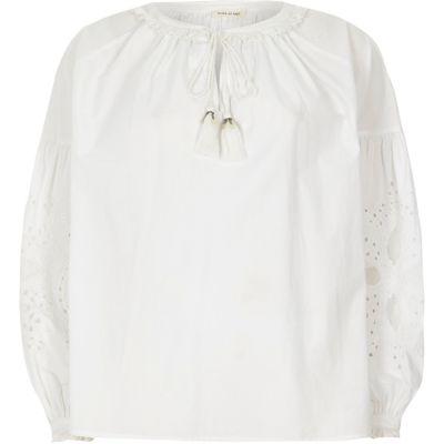 River Island Womens White Tassel Detail Broderie Sleeve Top