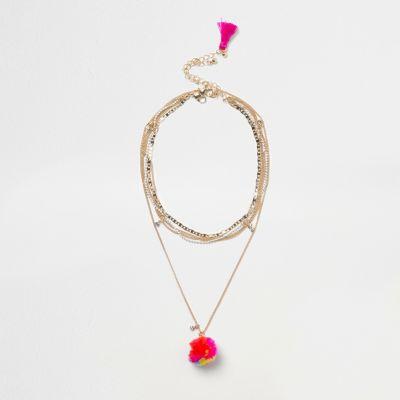 River Island Womens Gold Tone Tassel Pom Pom Necklace