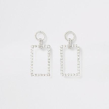 River Island Womens Silver Color Rhinestone Rectangle Drop Earring