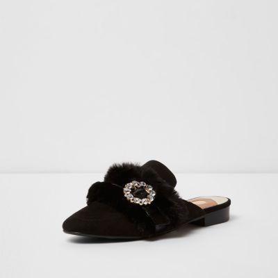 River Island Womens Faux Fur Trim Buckle Backless Loafers