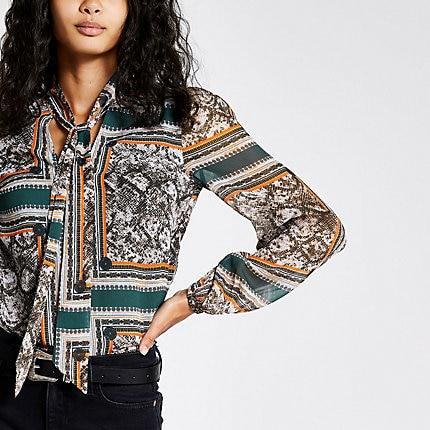 River Island Womens Scarf Print Tie Neck Blouse