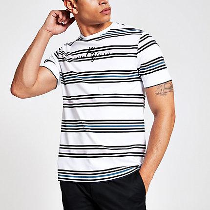 River Island Mens White Stripe Maison Riviera Slim Fit T-shirt