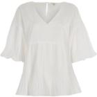River Island Womens White Pleated V Neck Puff Sleeve Top