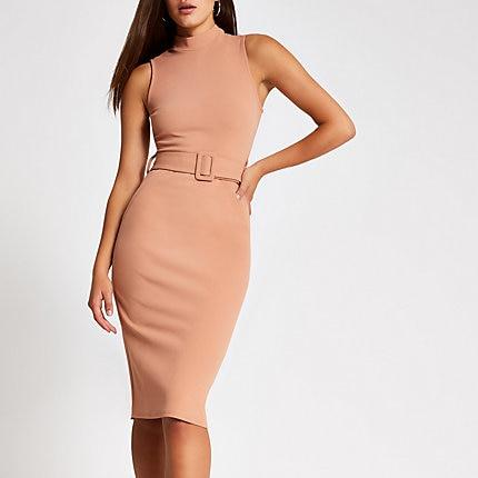 River Island Womens High Neck Belted Bodycon Midi Dress