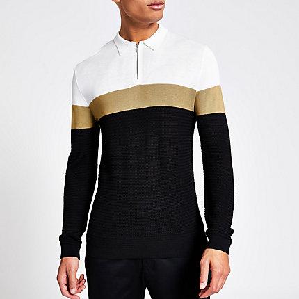 River Island Mens Blocked Half Zip Knitted Polo Shirt