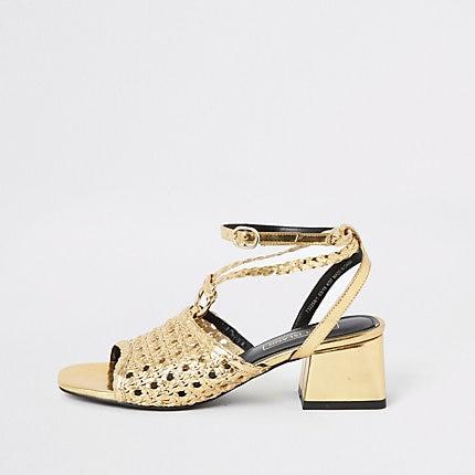 River Island Womens Gold Weave Block Heel Sandals