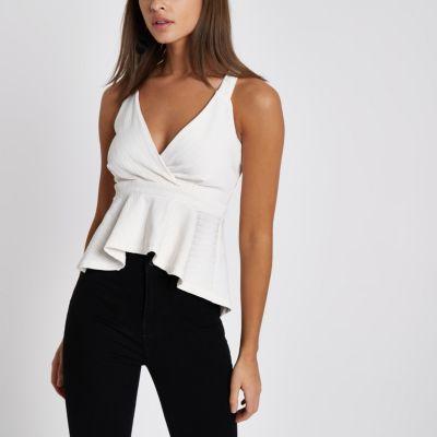 River Island Womens White Rib Wrap Front Peplum Cami Top